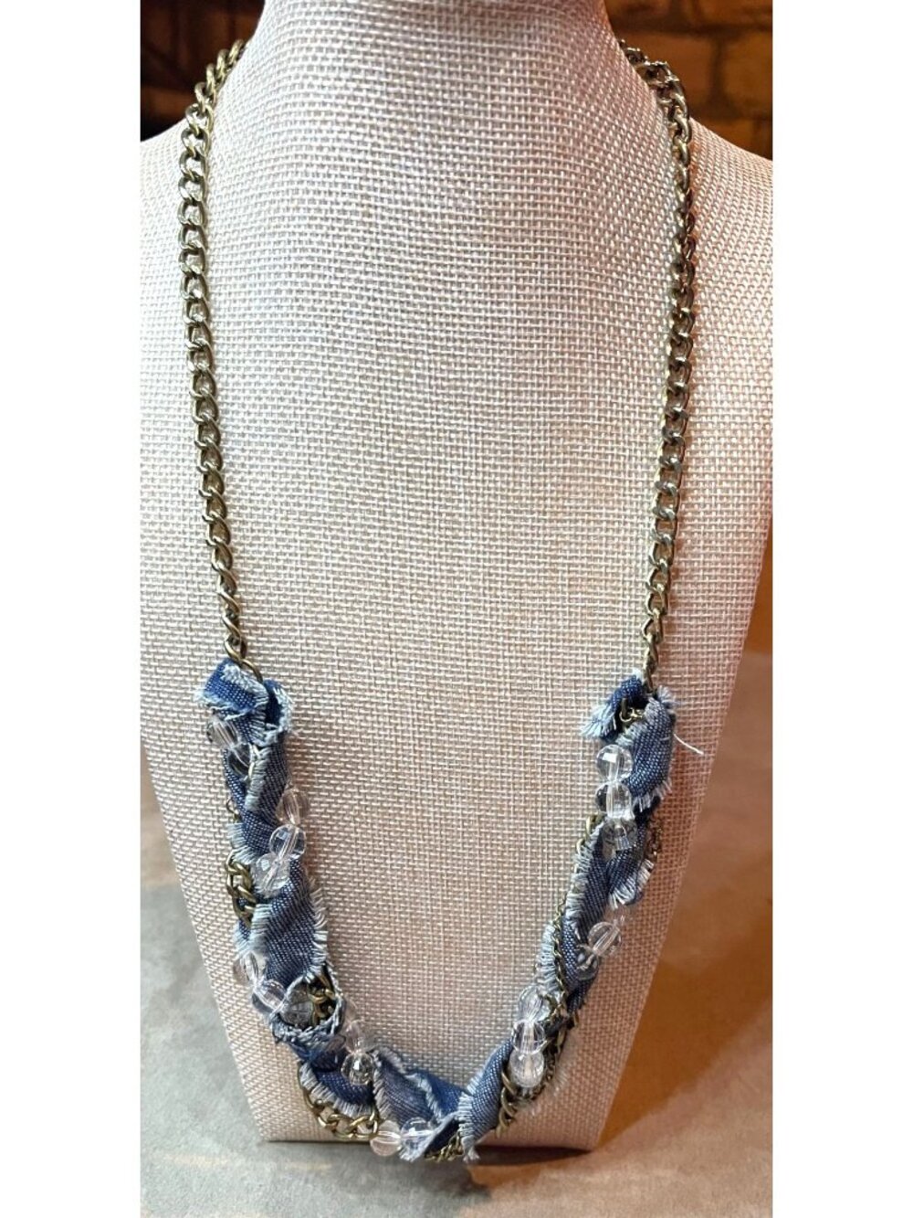 New Y2K Gem Bella Distressed Denim Antique Brass Intertwined Chain Necklace